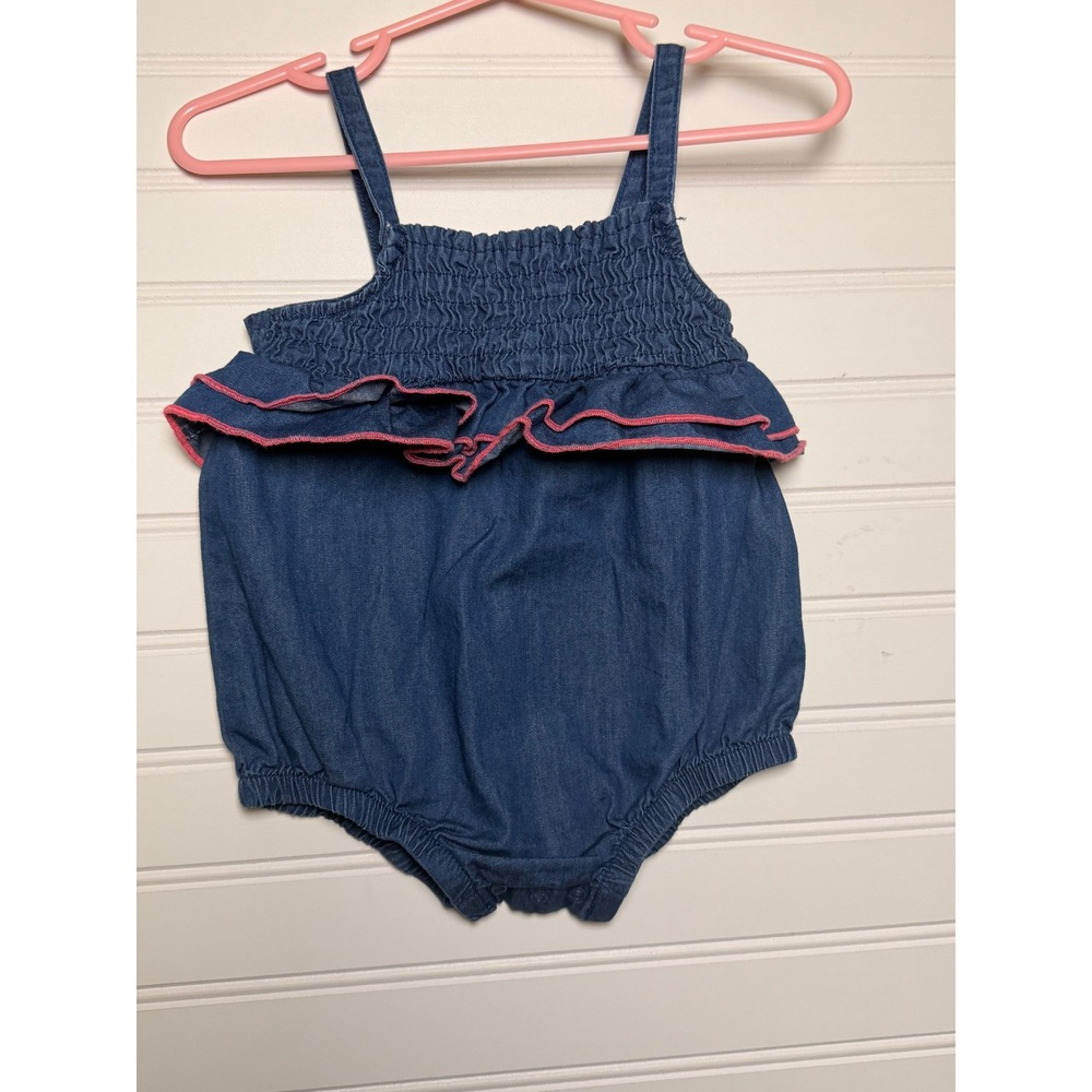 Cat & Jack Baby Girls Blue Denim Smocked Ruffle Bubble Romper 3-6M